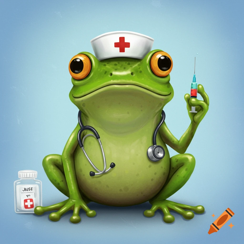A cartoon frog nurse wearing a hat and stethoscope, holding a syringe.