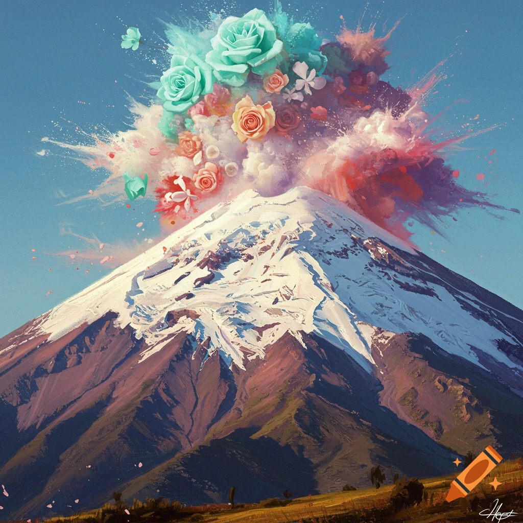 A snow-capped mountain or volcano erupting with colorful flowers and abstract bursts.