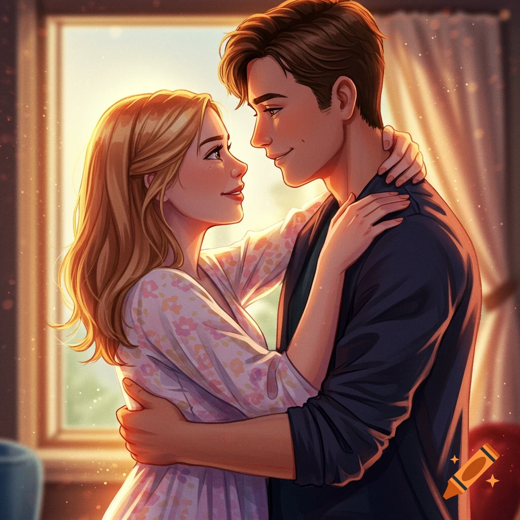 A couple embraces in a warm setting.