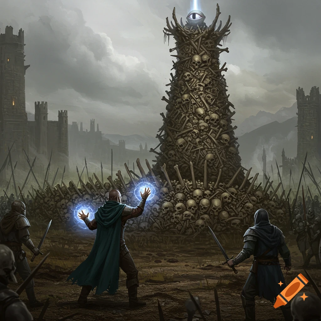 A mage casts magic on a battlefield with a large tower of skulls.