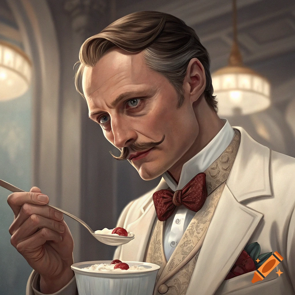 A distinguished-looking man with a mustache in a suit eats yogurt with a spoon.