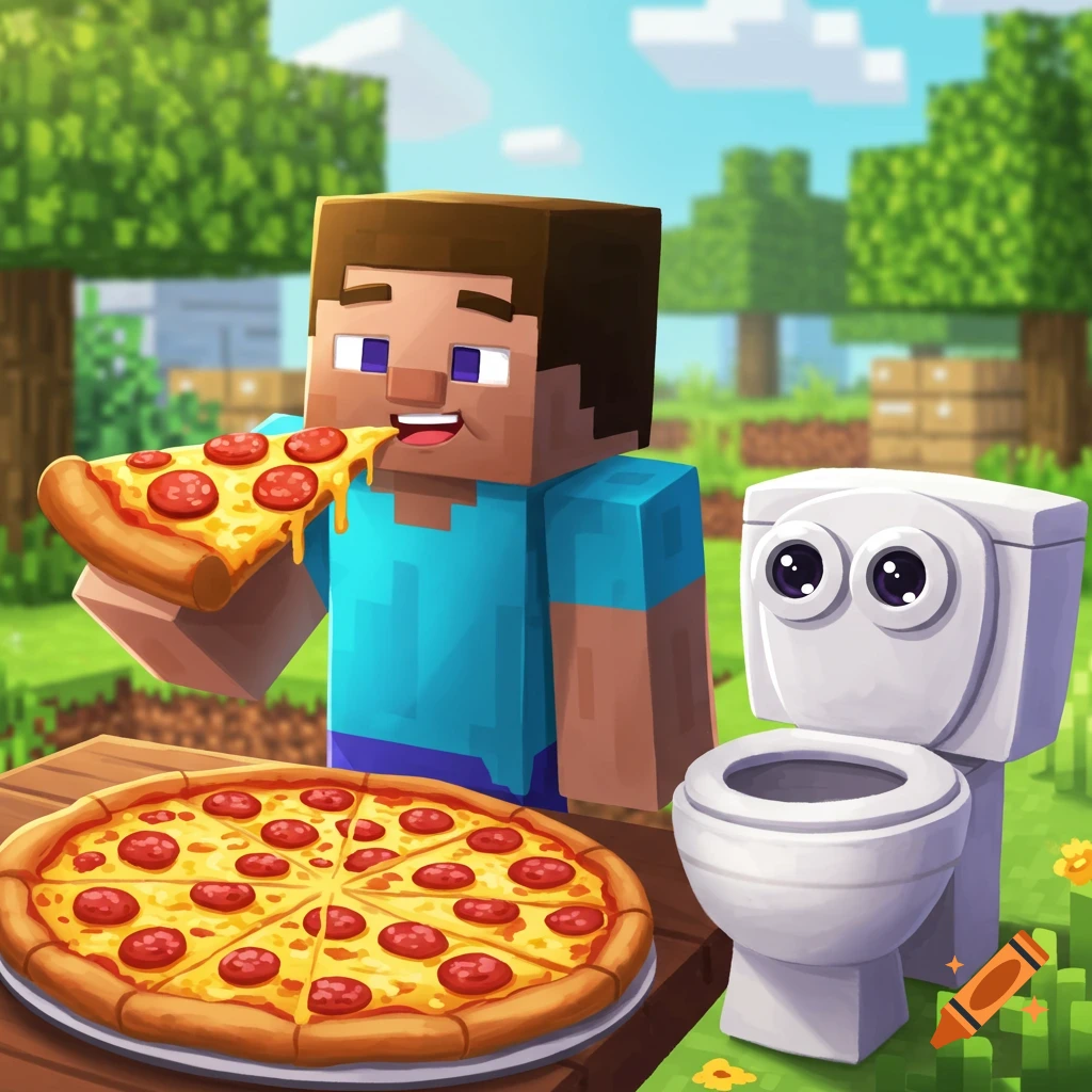 Minecraft Steve eats pizza outdoors with a smiling toilet character.