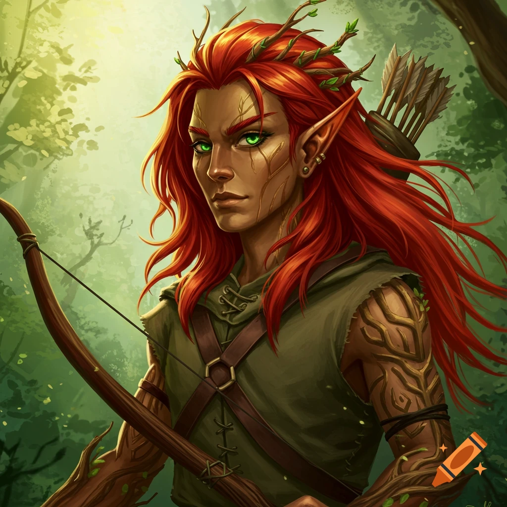 A wood elf with red hair, green eyes, and forest elements, holding a bow