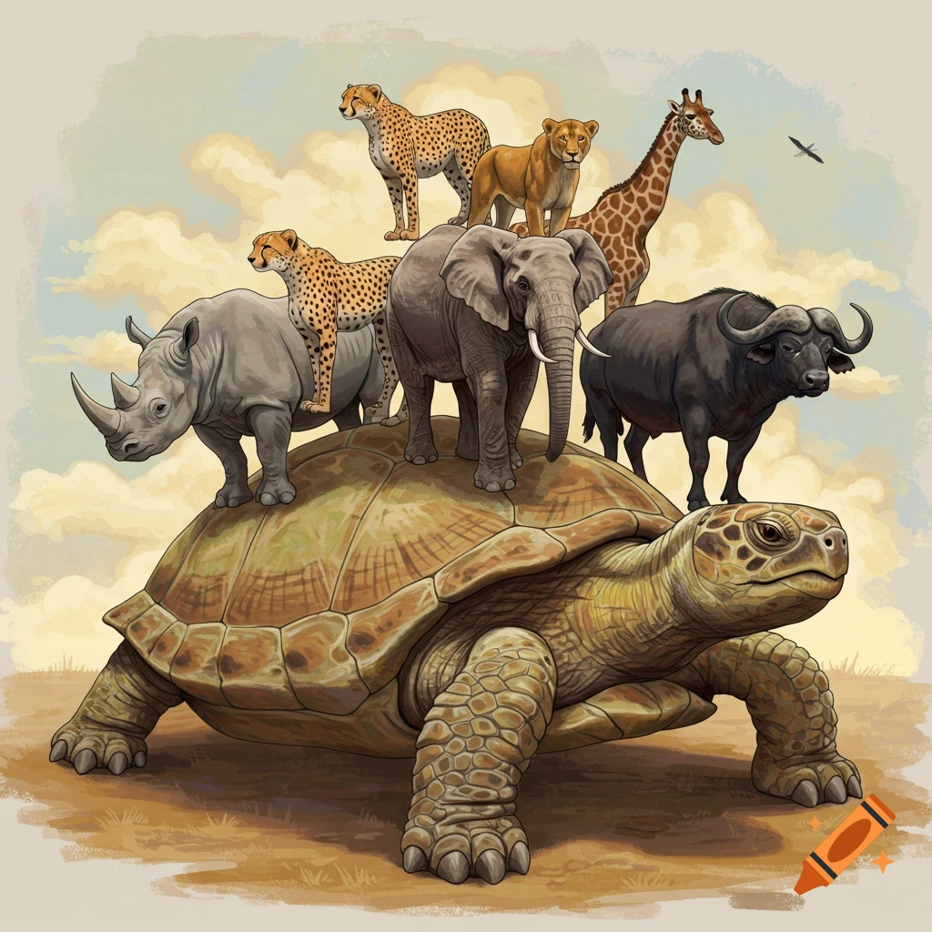 A giant turtle carrying a rhino, two cheetahs, an elephant, a lion, and a buffalo on its shell.