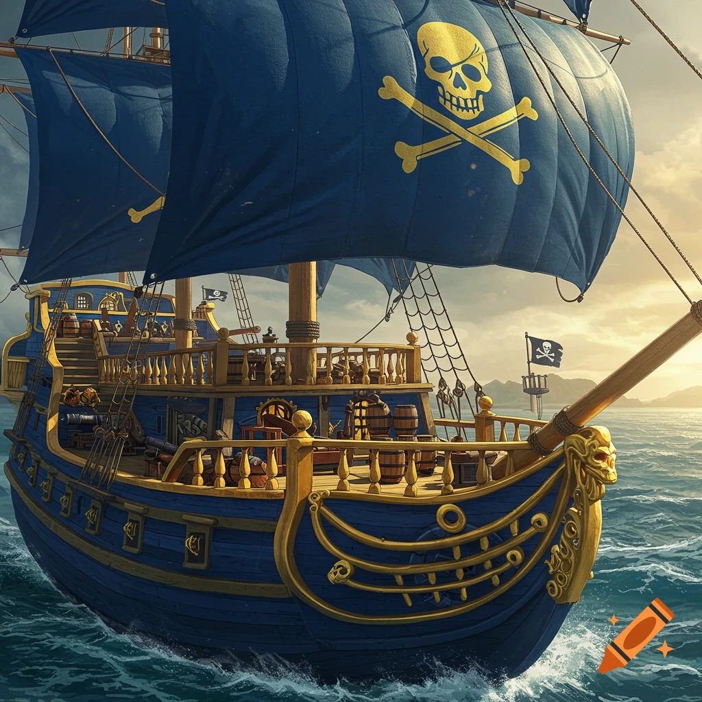 A blue and gold pirate ship with skull and crossbones sails sails on a wavy ocean under a dramatic sky.