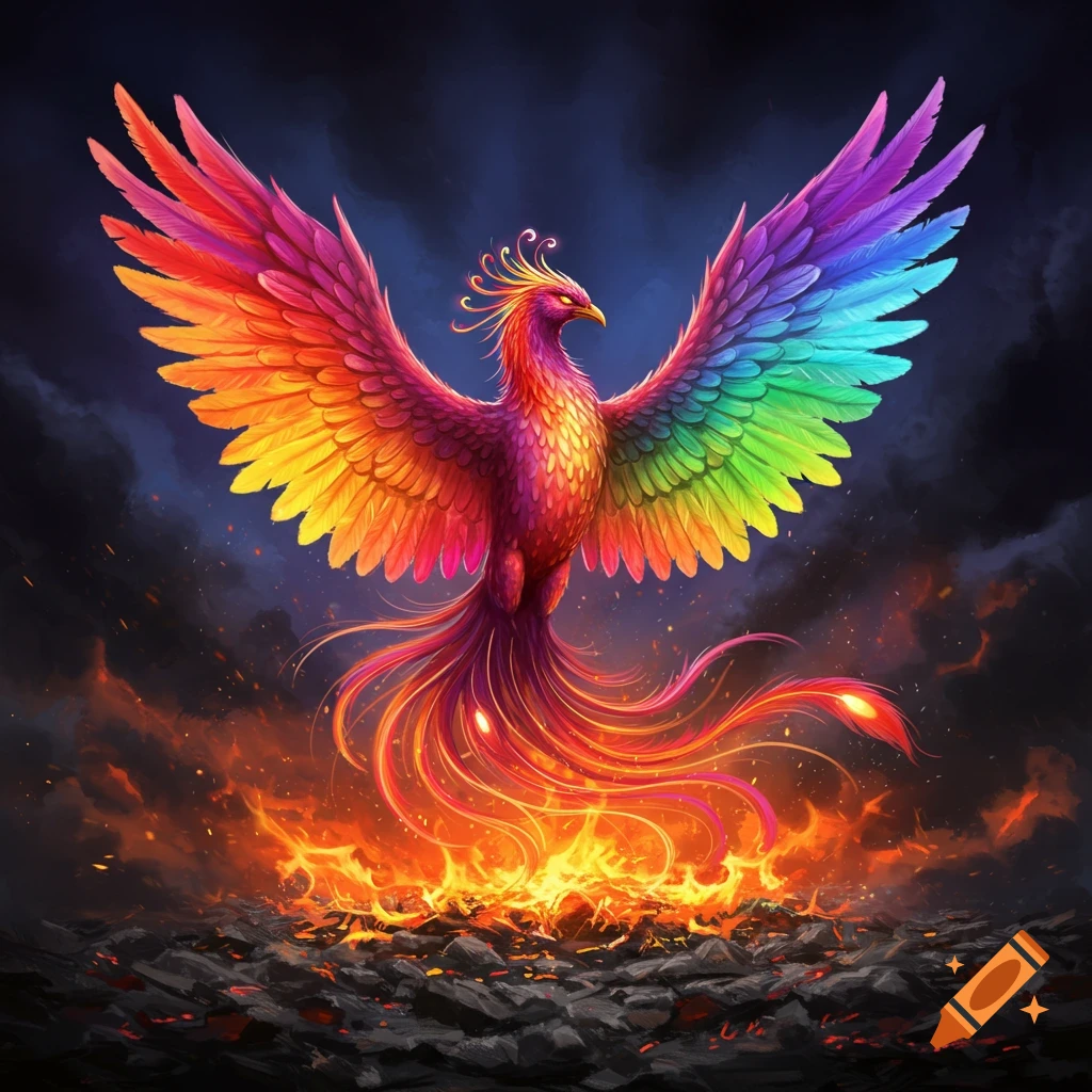 A rainbow phoenix rising from glowing ashes and flames.