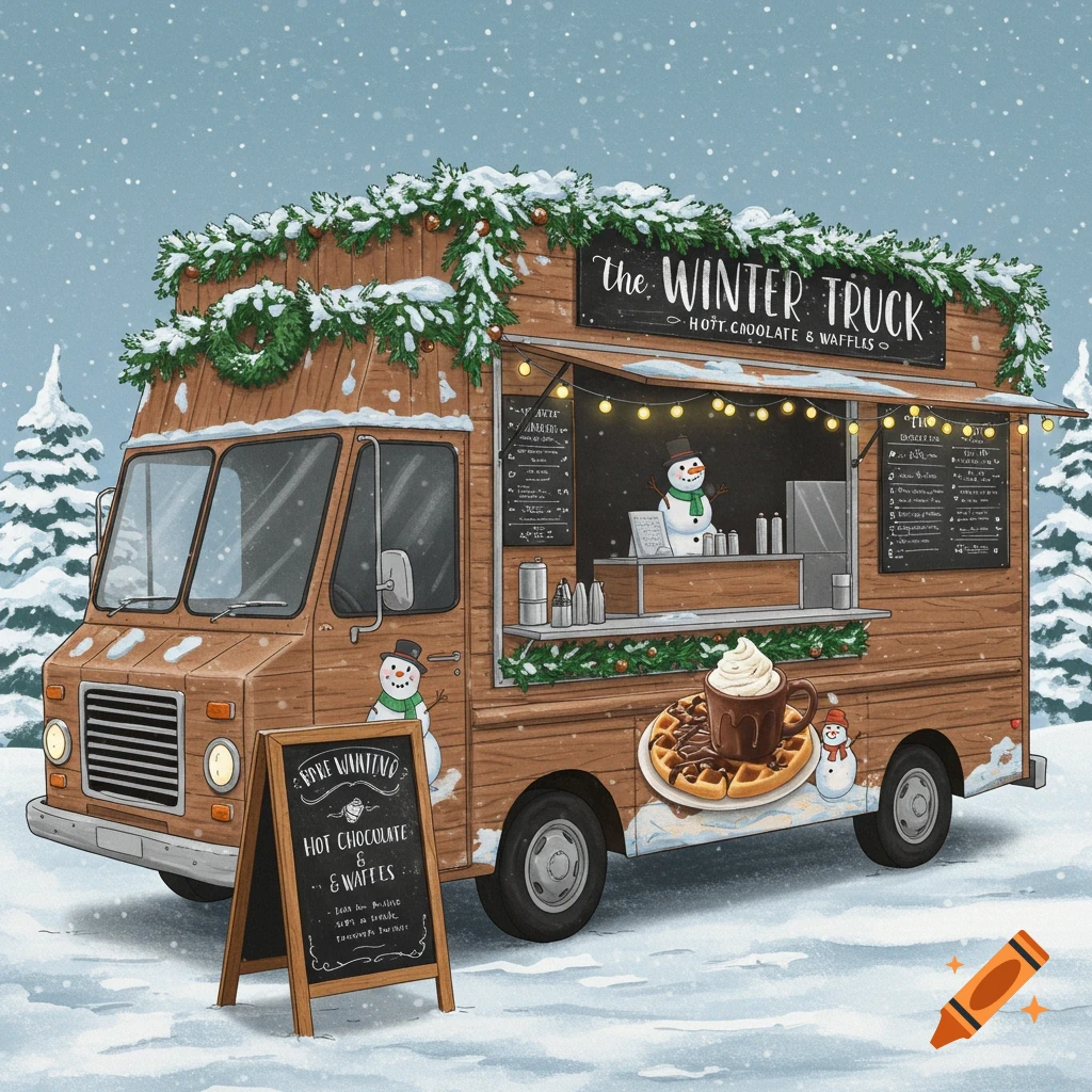 Illustrated winter food truck selling hot chocolate and waffles in a snowy landscape.