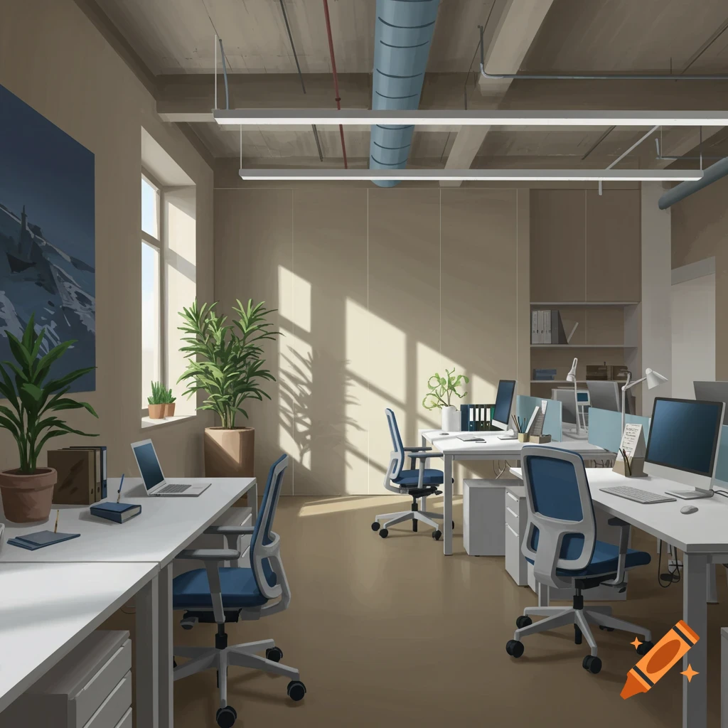 Bright, clean office with desks, computers, and plants.