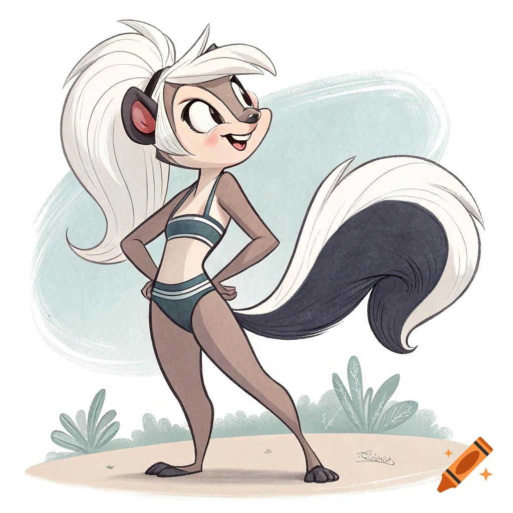 Cartoon skunk character in a bikini standing on a beach.