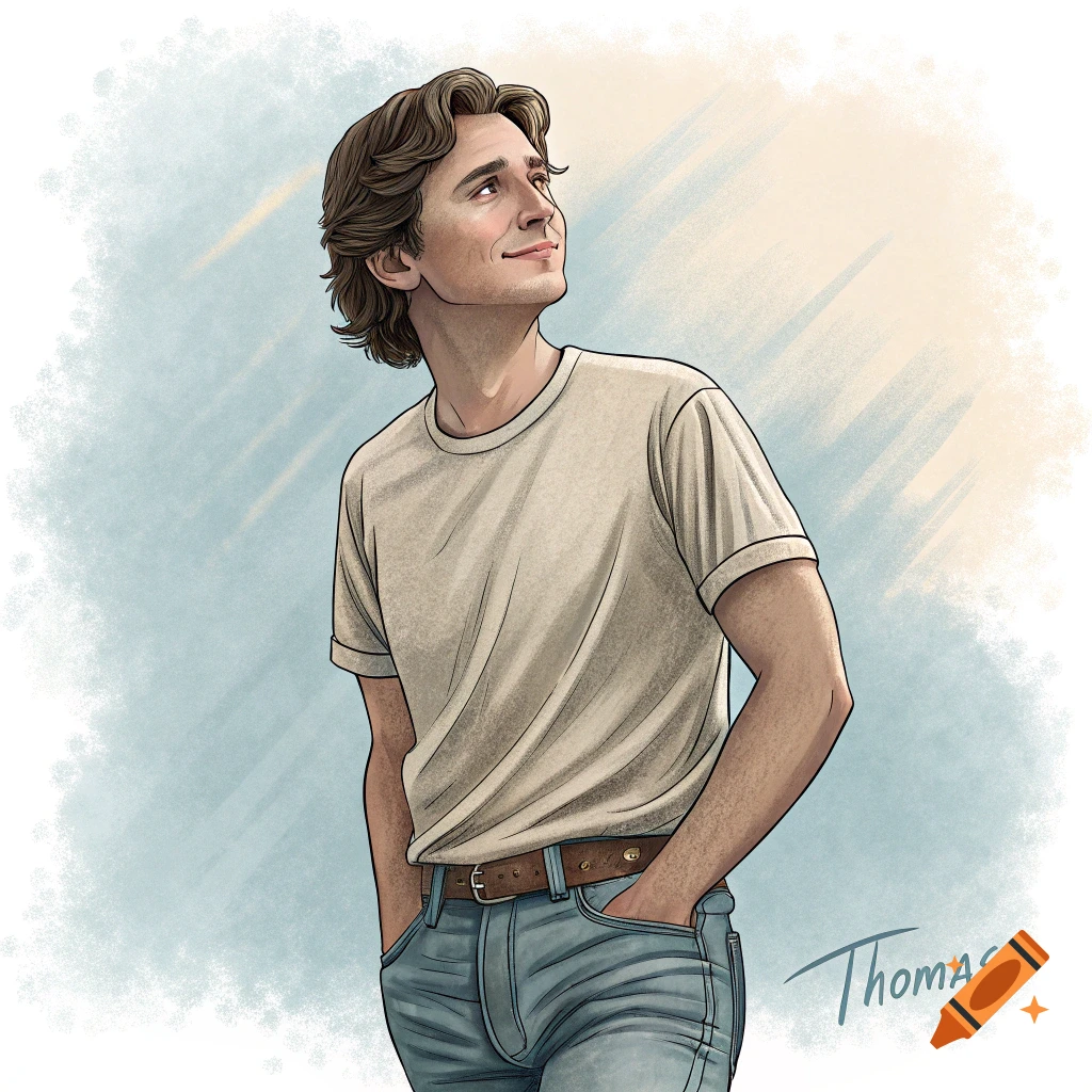 An illustration of a young man with brown hair, wearing a t-shirt and jeans, looking up and smiling.