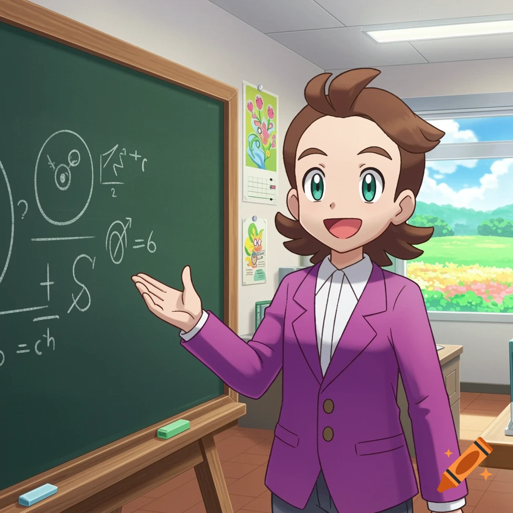 A cartoon teacher in a purple blazer stands in front of a blackboard with equations, pointing and smiling, in a bright classroom. Pokémon anime style.