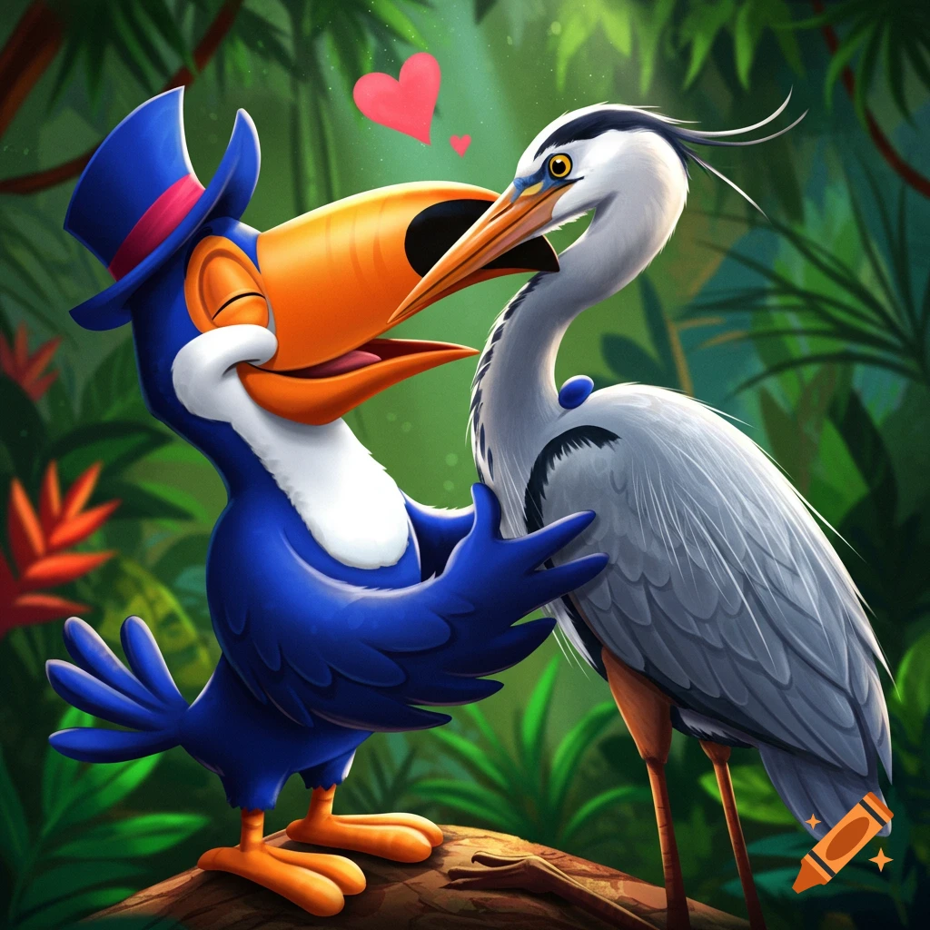 Cartoon toucan in a blue top hat kissing a heron in the jungle.