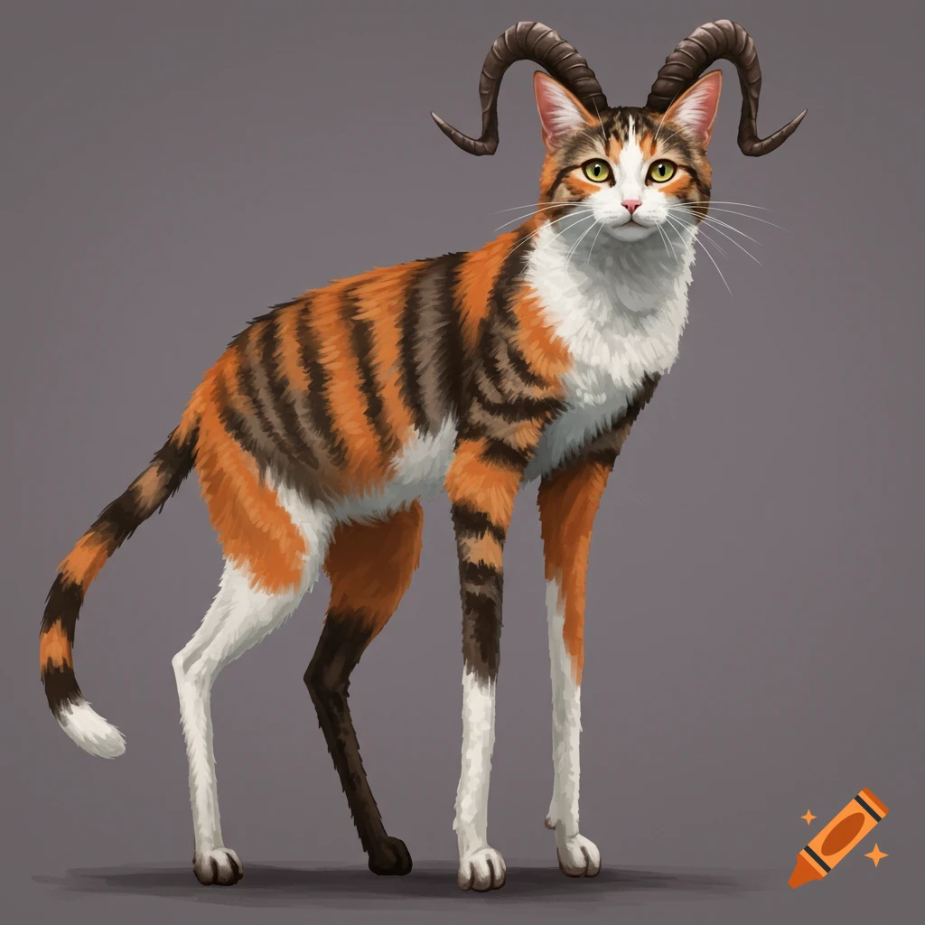 A tall, calico cat-like creature with long legs and goat horns.