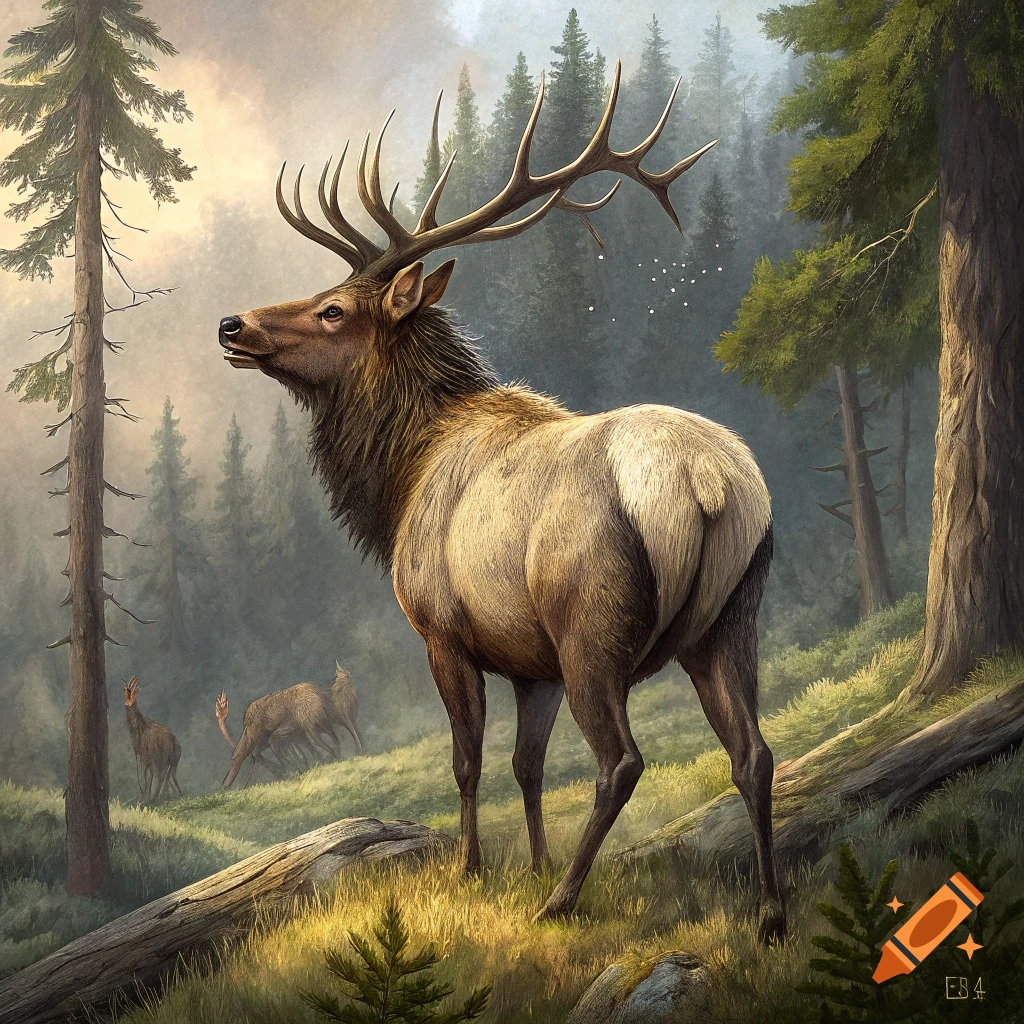 A large bull elk stands in a sunlit forest clearing.