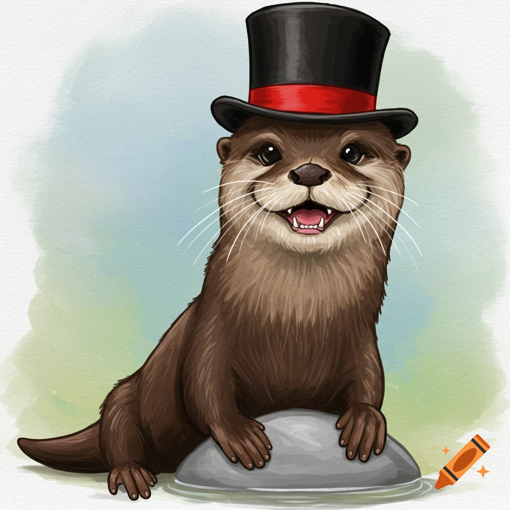 An otter wearing a top hat, sitting on a rock in water.