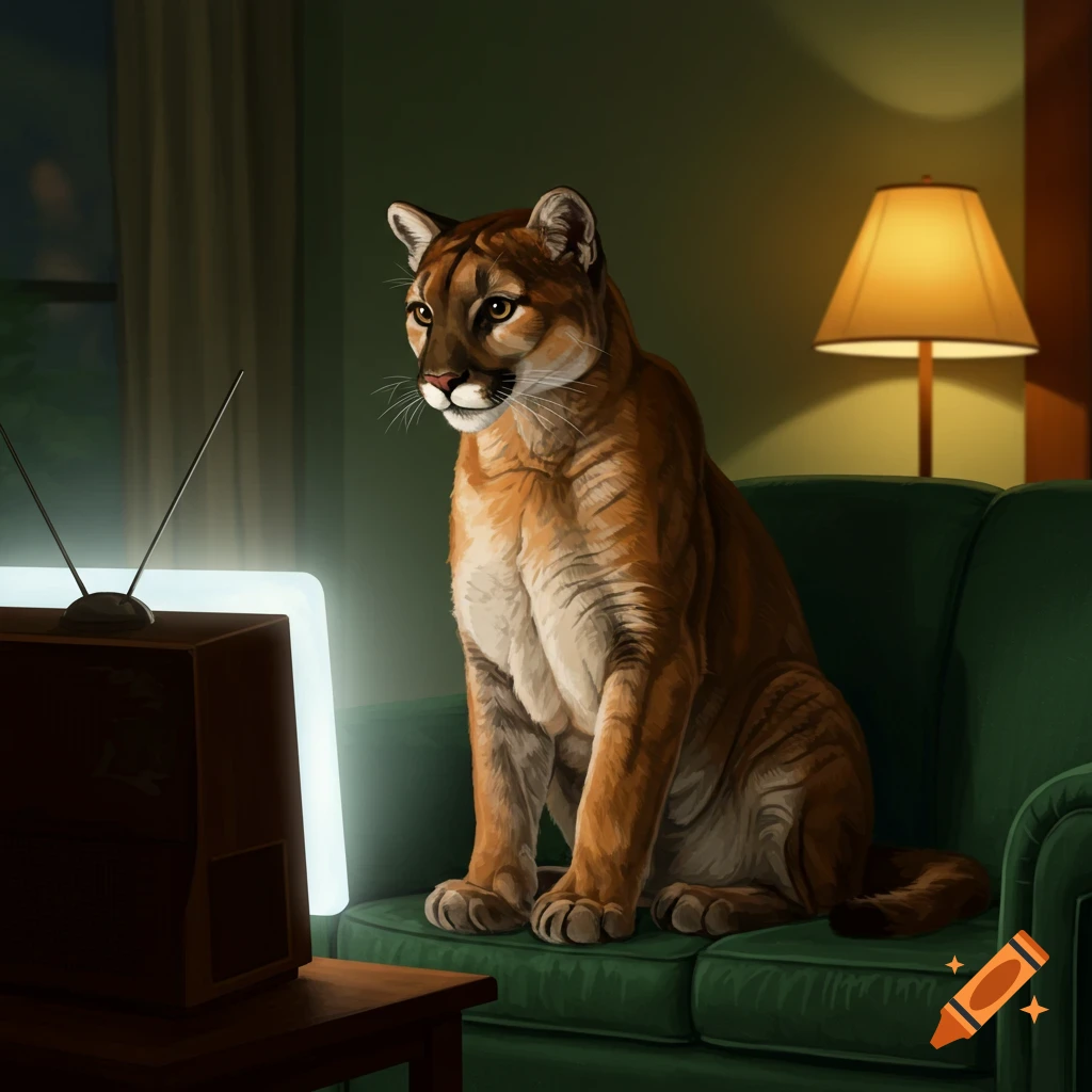 A cougar sits on a green couch, captivated by a bright TV in a dimly lit room.