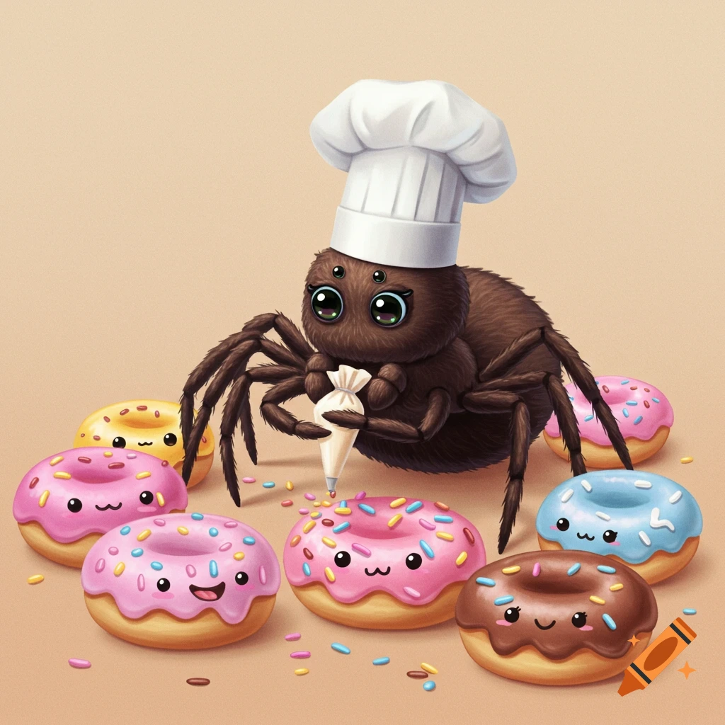 A cute cartoon spider wearing a chef hat decorates pink, blue, yellow, and brown donuts with frosting.