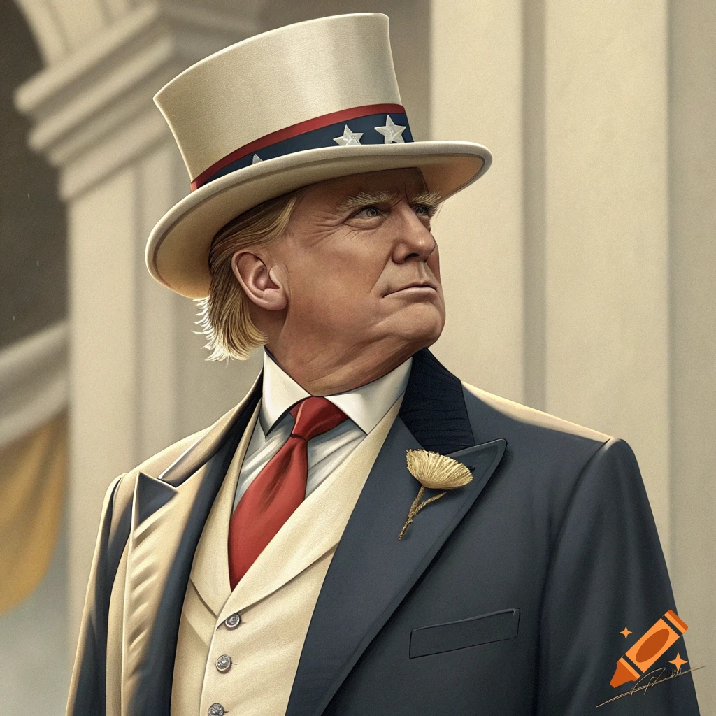 Donald Trump in a top hat with stars, white vest, red tie, and dark jacket, looking left