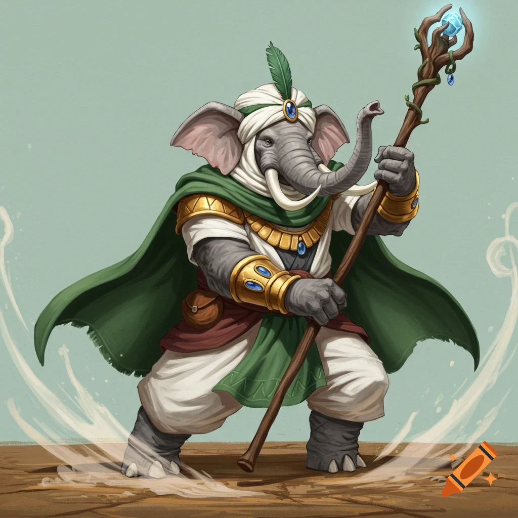 An elephant-like fantasy creature wearing a turban and cape, holding a glowing staff striking the ground.