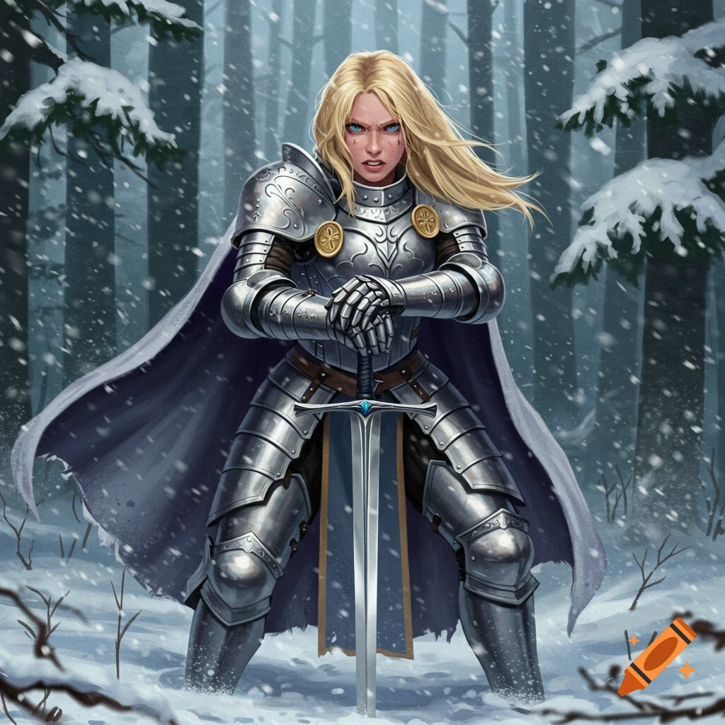 A lady knight in full armor holding a sword in a snowy forest.