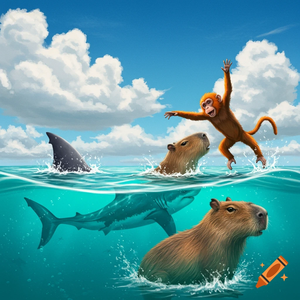 A monkey jumps above the water next to a capybara and a shark.