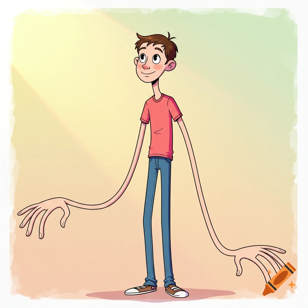 A cartoon illustration of a person with very long arms and fingers, standing and looking up.