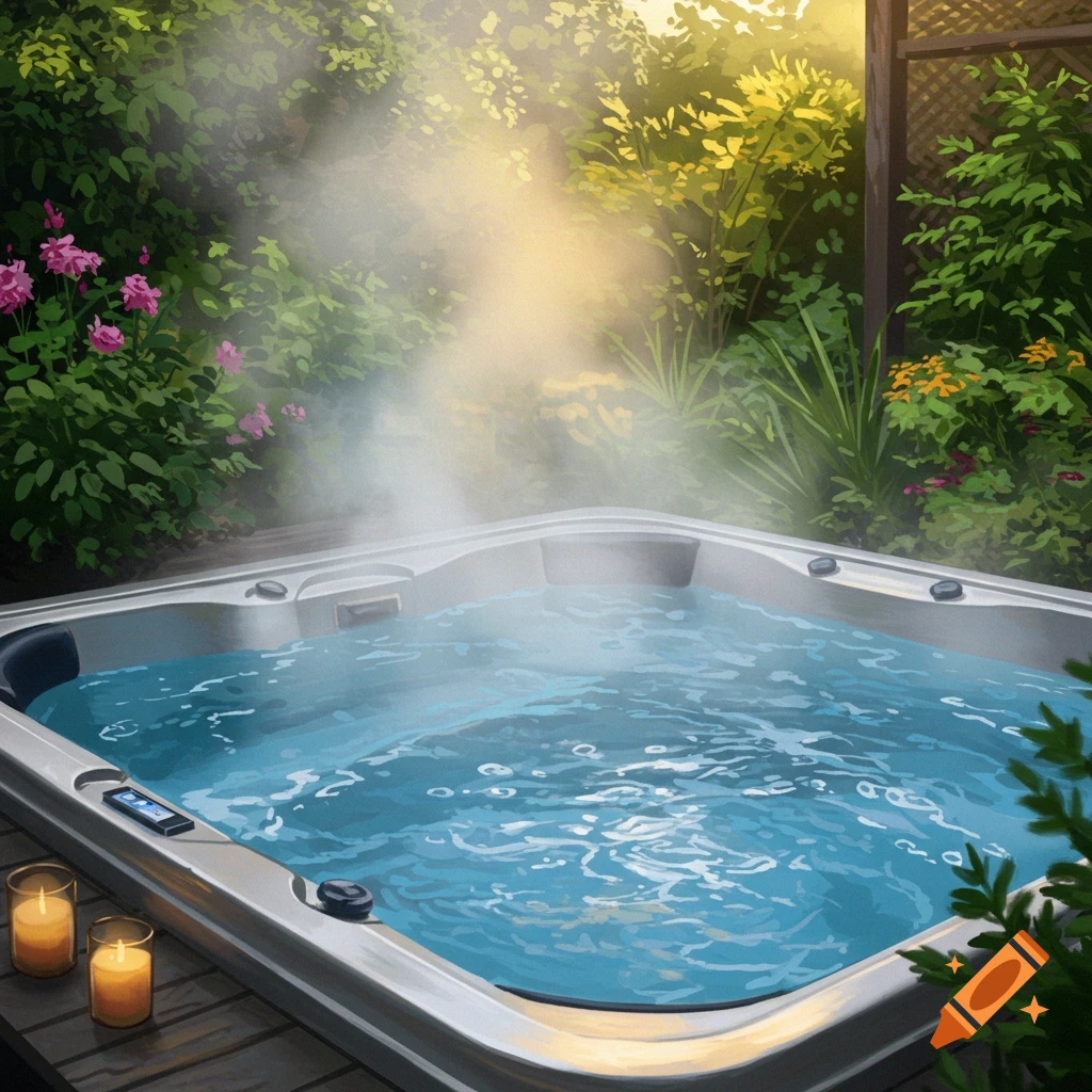 A steaming hot tub in a lush garden with two lit candles.