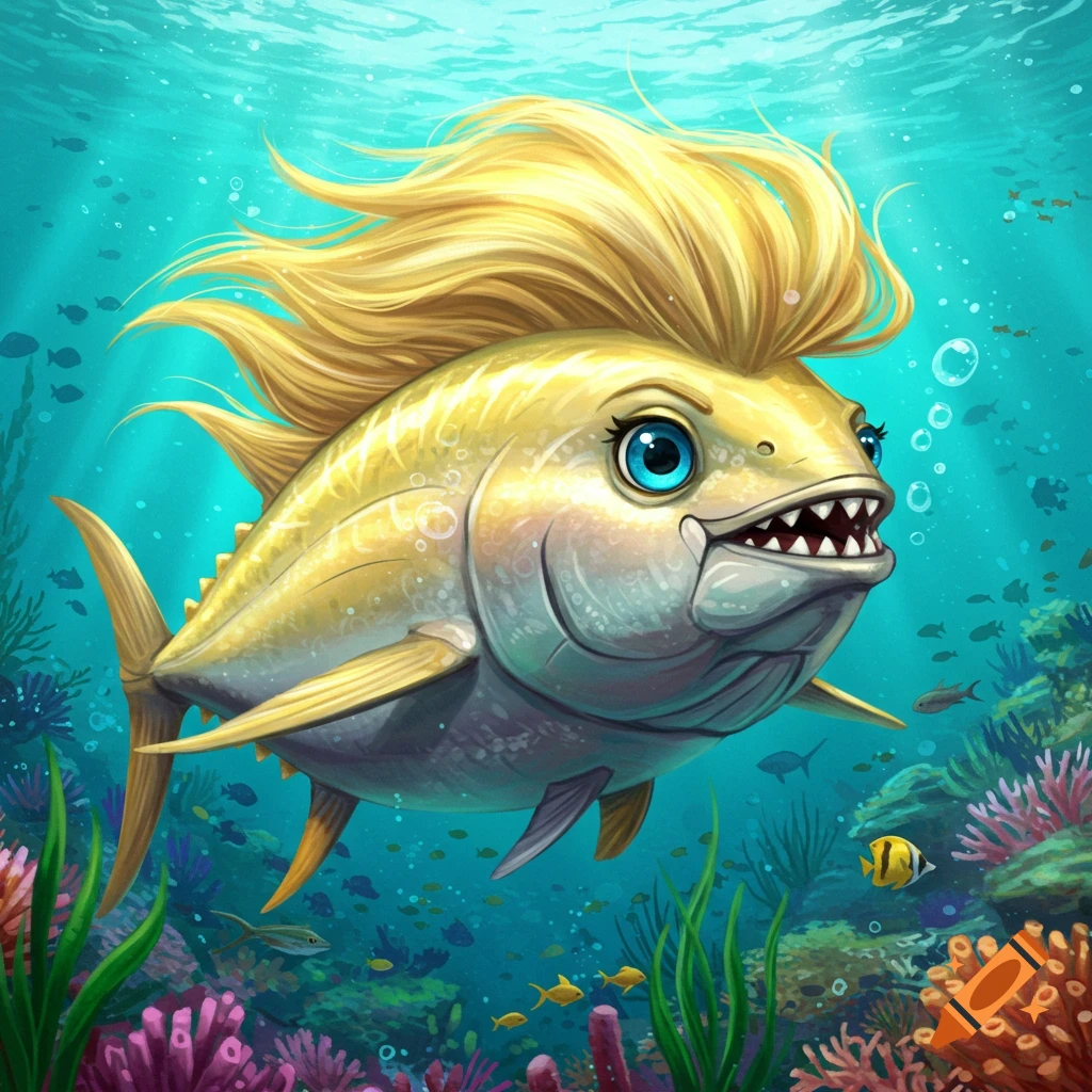 Cartoon tuna fish with blonde hair swimming in a vibrant coral reef.