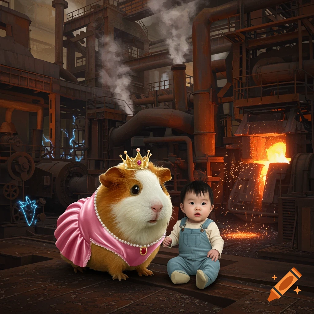 A princess guinea pig in a pink dress sits next to a baby in overalls inside a steel mill.