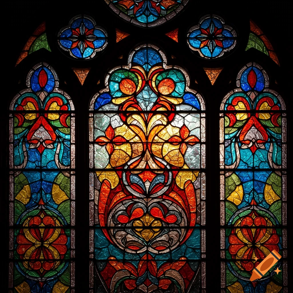 Colorful stained glass window with intricate patterns