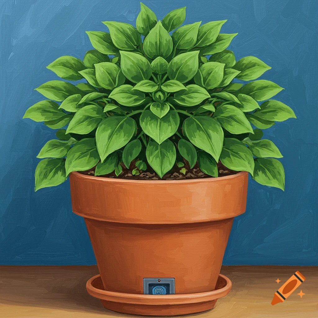 A potted plant with a mechanical system icon on a table against a blue background.