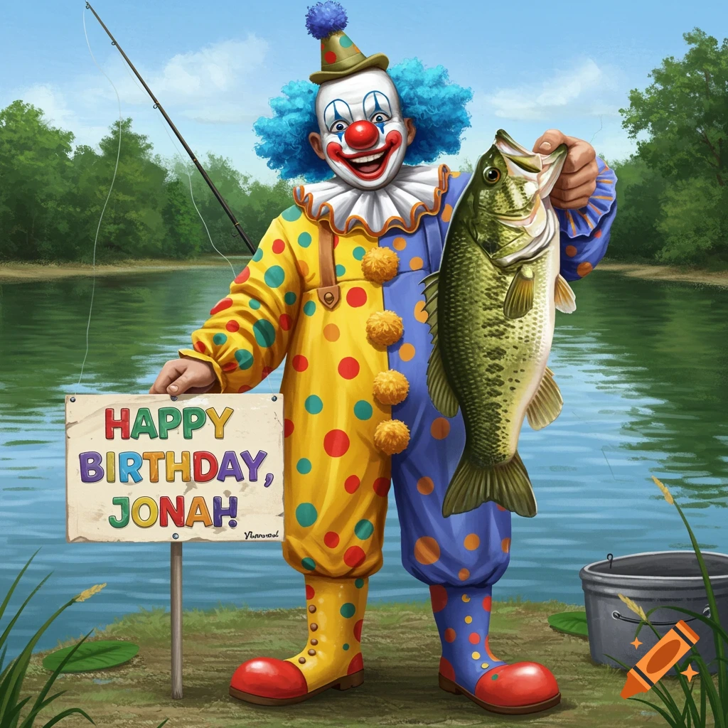 Illustration of a clown holding a large fish next to a 'Happy Birthday, Jonah!' sign.