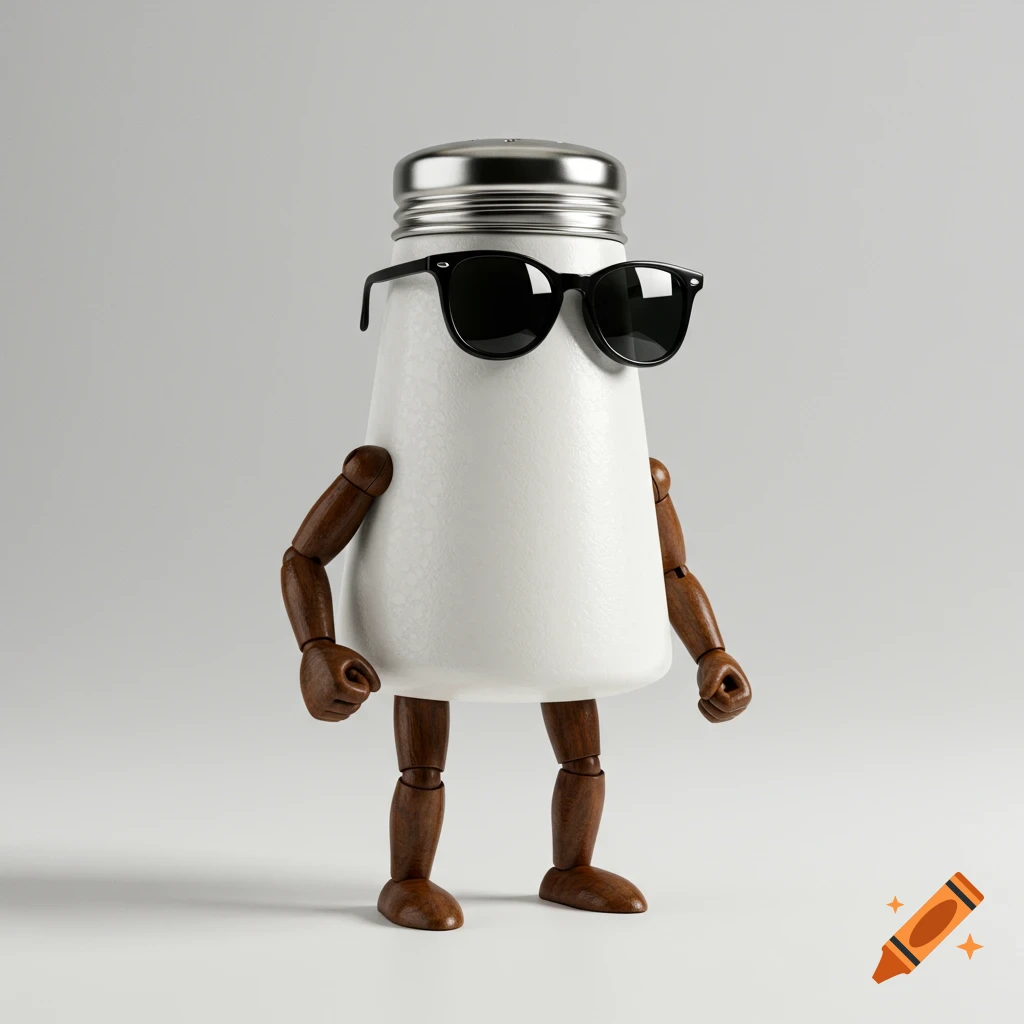 A salt shaker with wooden arms and legs stands while wearing sunglasses.