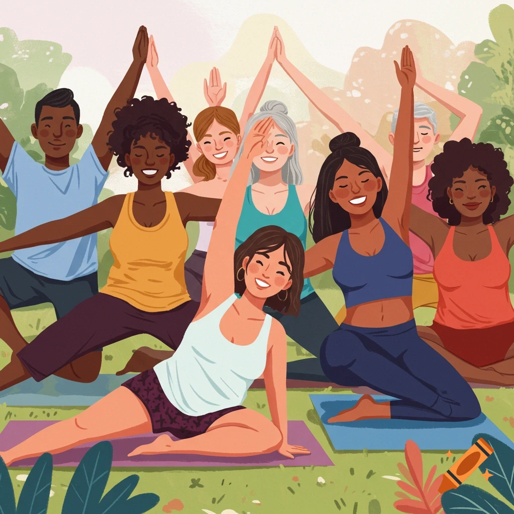 Diverse group of people doing yoga outdoors.