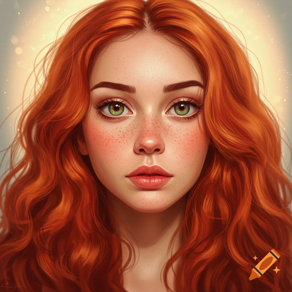 A woman with long curly red hair, green eyes, and freckles.