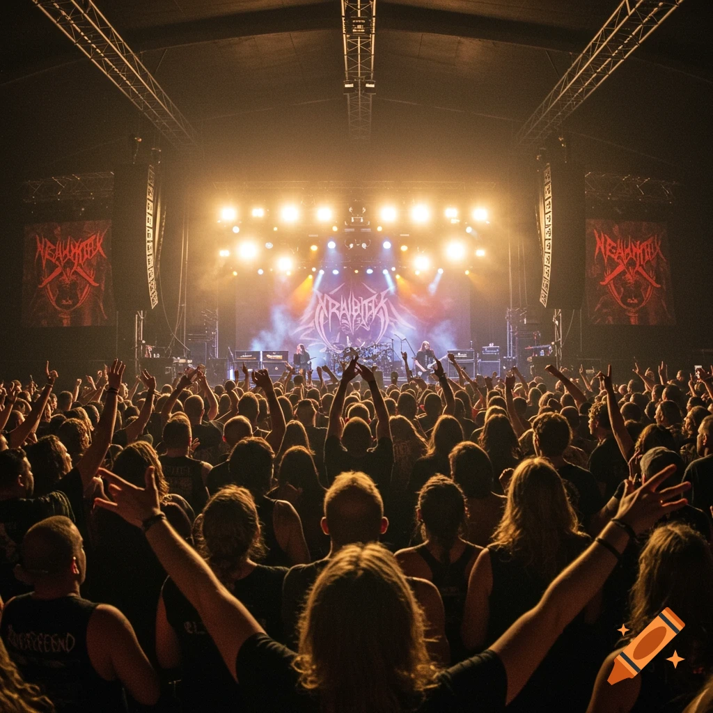 A large crowd watches a heavy metal band perform on a stage at a concert. Photorealistic style.