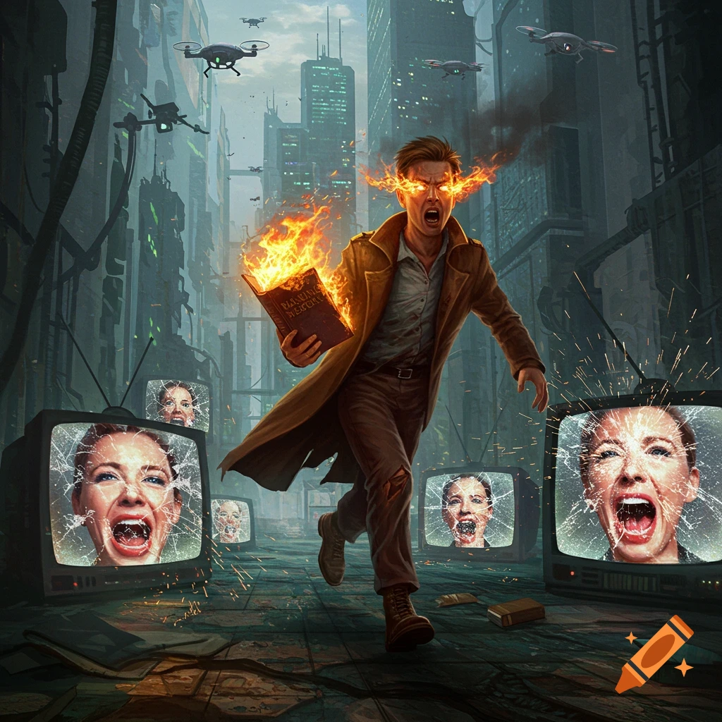 A man with fiery eyes runs through a dystopian city, holding a burning book as TV screens showing screaming faces shatter.