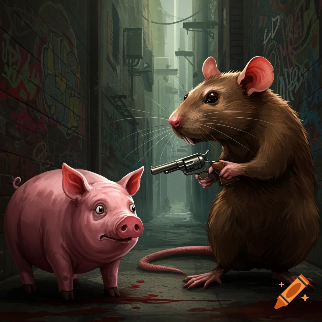 A brown rat aims a pistol at a pink pig in a dark alley with graffiti and blood.
