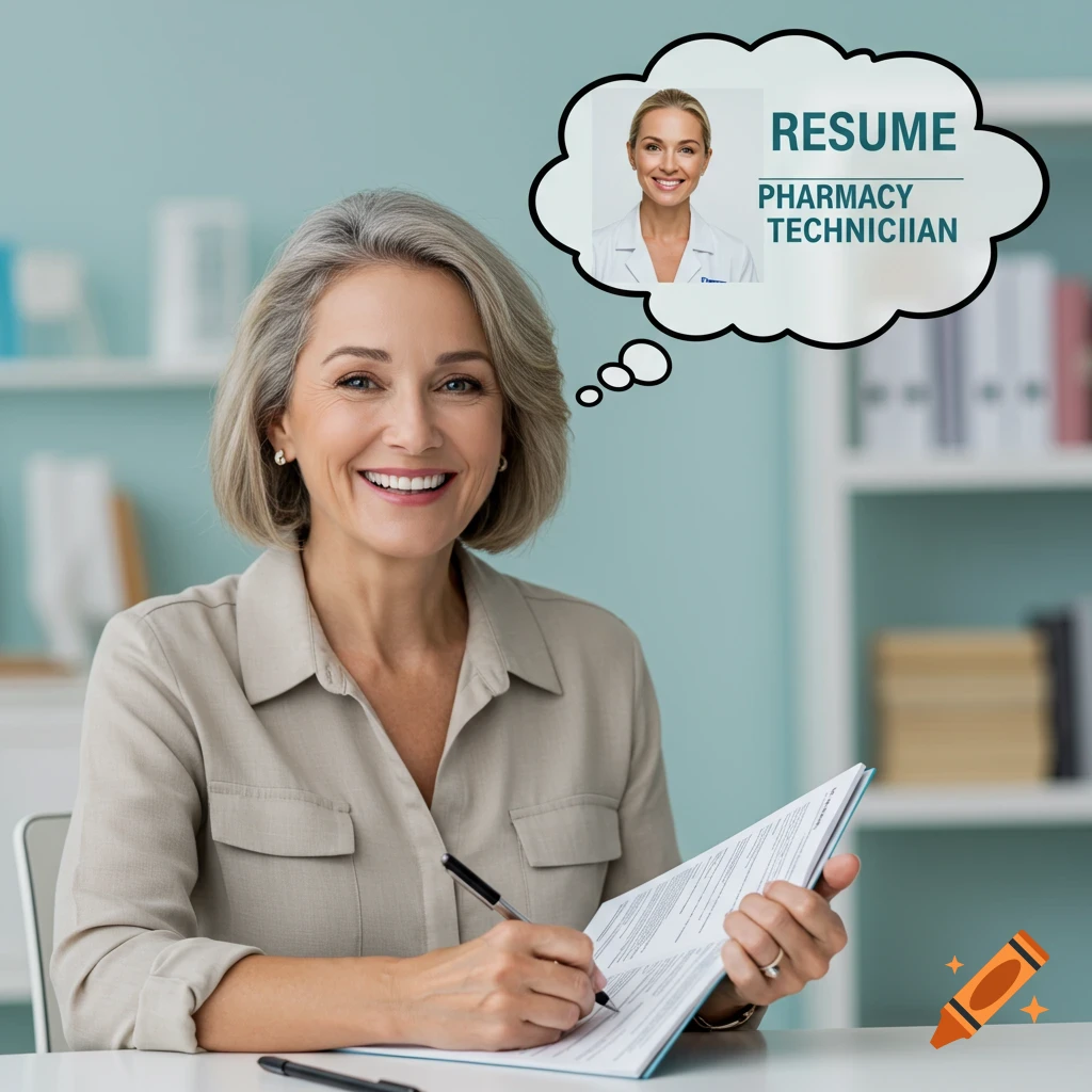 Middle-aged woman writing resume, thinking of being a pharmacy technician with text in a thought bubble.