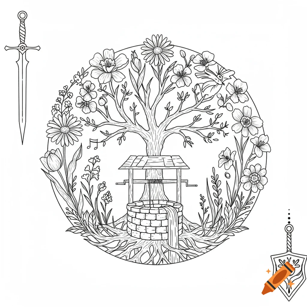 Blackwork line art fantasy illustration of a tree, well, flowers, sword, and shield in a circular mandala.