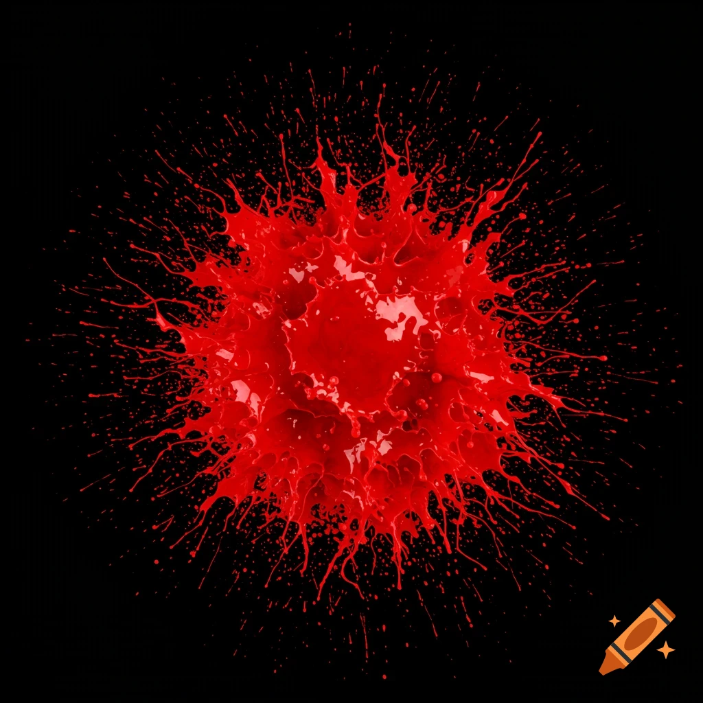A vibrant red paint splatter explosion on a black background with radiating streaks.