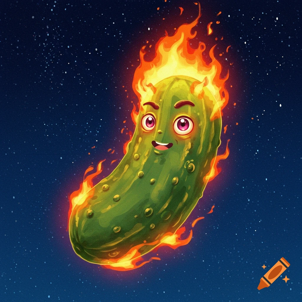 A cartoon flaming pickle floats in space.