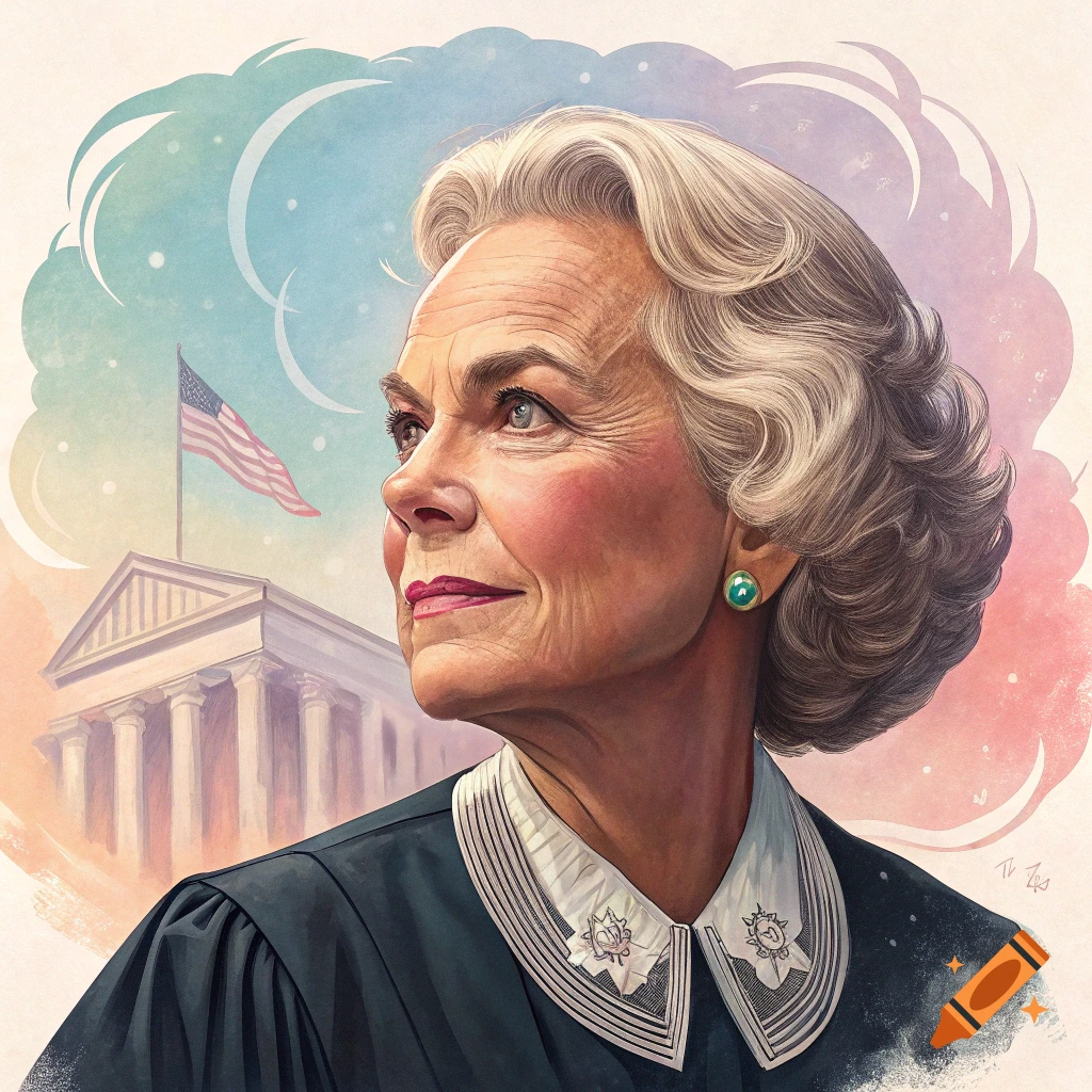A watercolor portrait of Sandra Day O'Connor in judicial robes, with the Supreme Court building and US flag behind her.