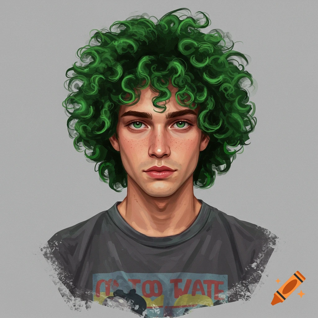 A young man with green curly hair and green eyes wearing a grey graphic tee.
