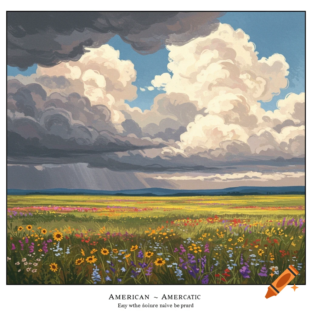 A wildflower field under a sky with dramatic storm clouds and bright sunlight.