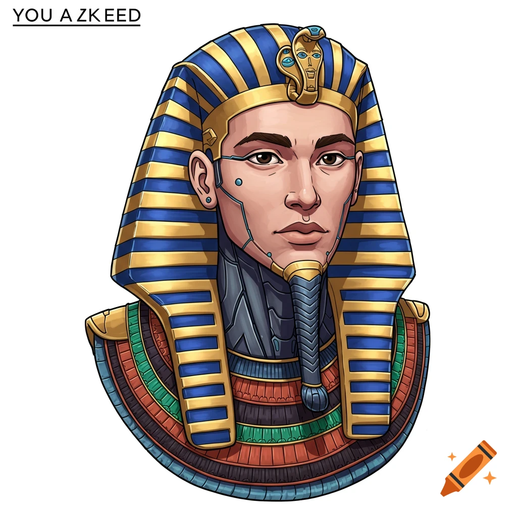 Cyber pharaoh portrait bust with gold and blue headdress and futuristic neck details.