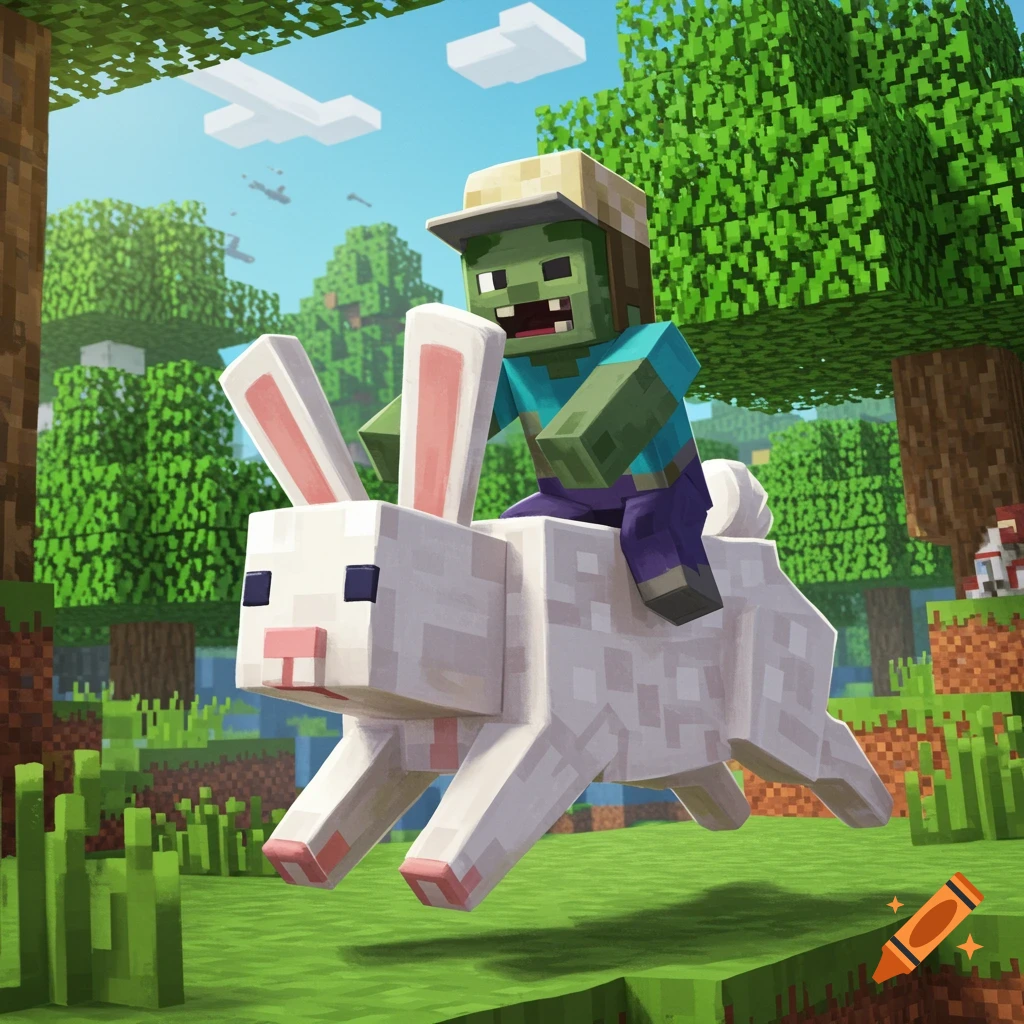A Minecraft zombie rides a white rabbit through a blocky forest.