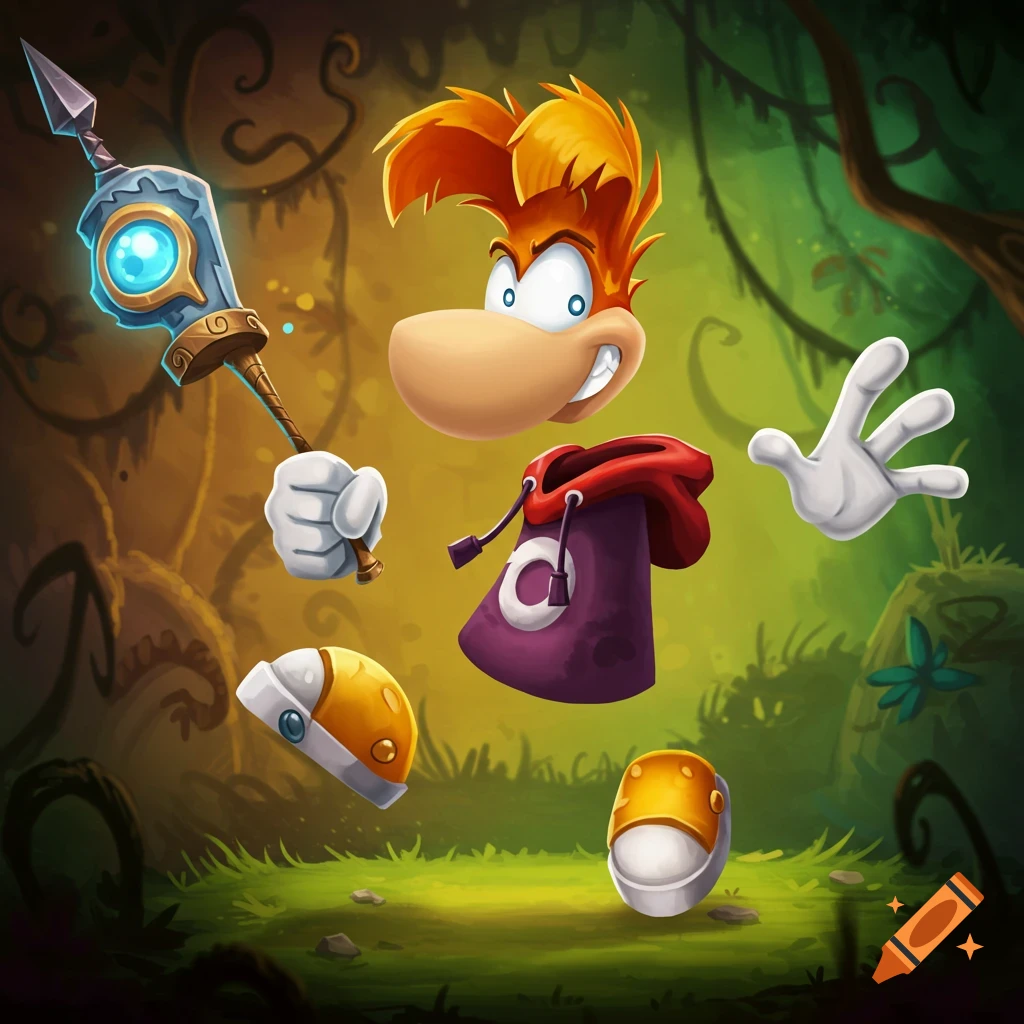 The character Rayman with floating limbs and a staff in a jungle setting.