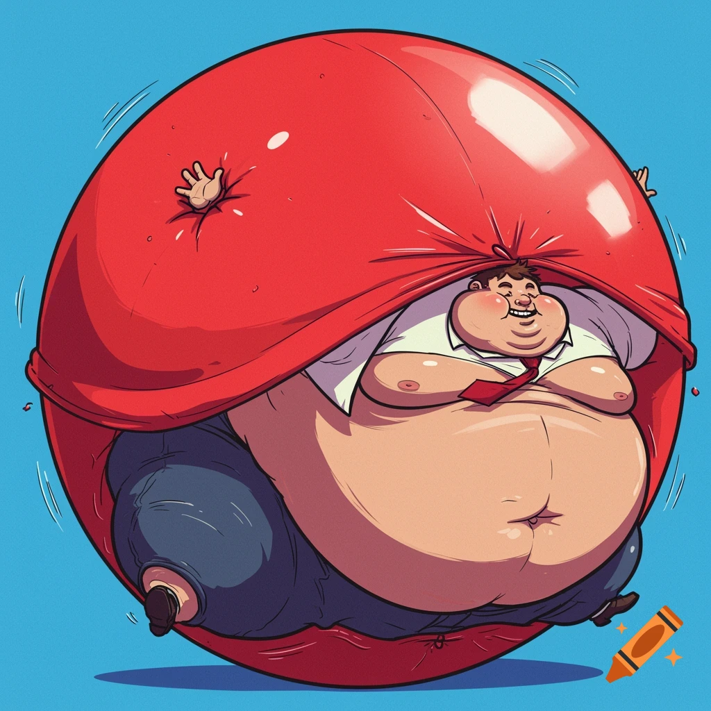 Cartoon of an obese man squeezed inside a large red balloon.