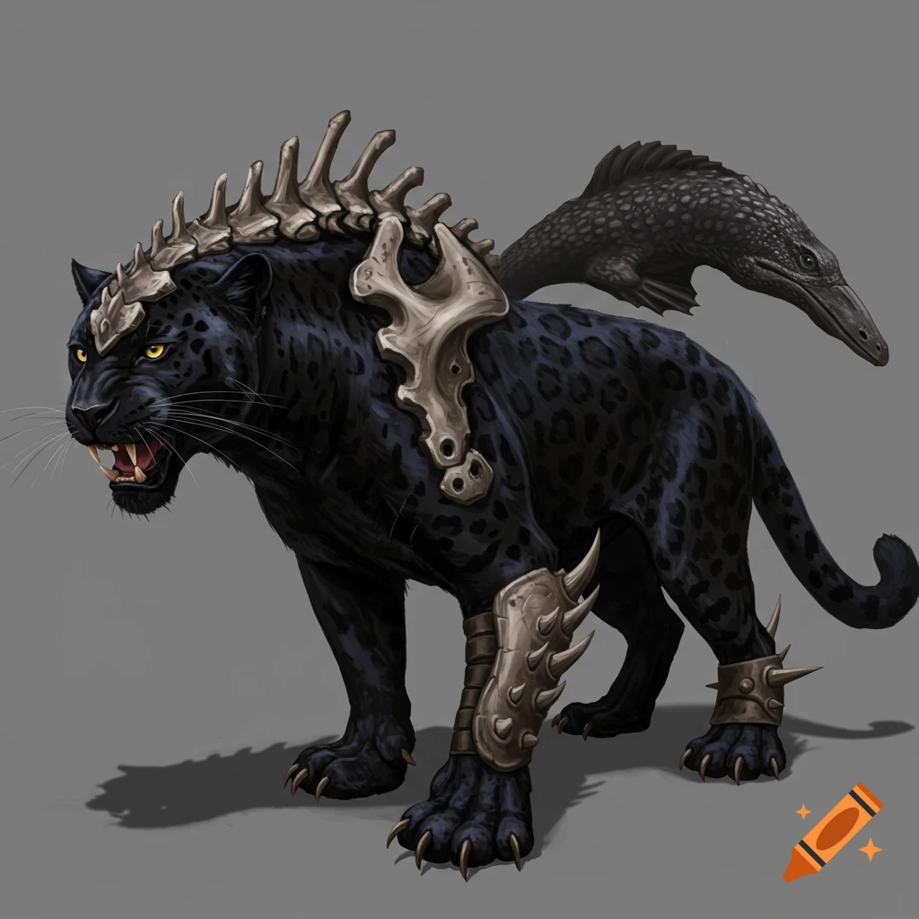 Black panther creature with bony armor and claws.